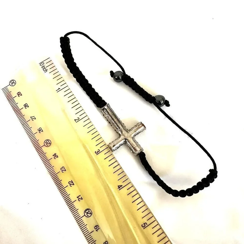 Rhinestone cross black cord adjustable bracelet